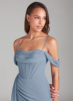 Azazie Amyra Bridesmaid Dresses Dusty Blue Sheath Off the Shoulder Chiffon Convertible Dress image6