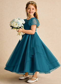 Azazie Duckie Flower Girl Dresses Ink Blue Ball-Gown Pleated Tulle Dress image4