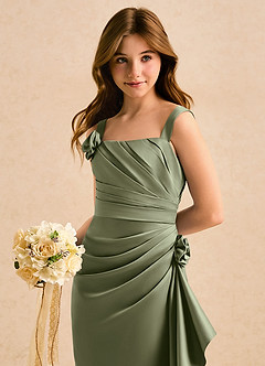 Azazie Ciara Girls Formal Flower Girl Dresses Pistachio A-Line Pleated Matte Satin Dress image4