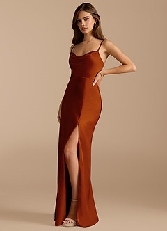 Azazie Erma At-home Try On Dresses Bronzer A-Line Side Slit Metallic Satin Dress image4