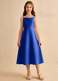 Azazie Jaella Girls Formal Blomsterpigekjoler A-Line Plisseret Mat satin Te-længde Kjole image3