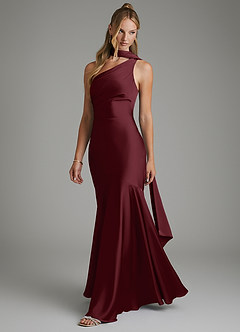 Azazie Amara Bridesmaid Dresses Cabernet Mermaid One Shoulder Stretch Satin Dress image5