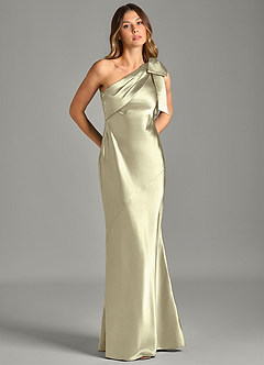 Azazie Yuanna Bridesmaid Dresses Moss Green Mermaid One Shoulder Metallic Satin Dress image5
