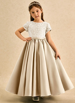 Azazie Cashew Flower Girl Dresses Champagne Ball-Gown with Sleeves Matte Satin Dress image2