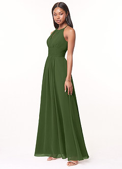 Azazie Bonnie Vestidos de damas de honor Vestido de Oliva de Gasa de Corte en A con Cuello de pico fruncido image3