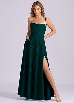 Azazie Elle Final Sale Pine A-Line Pleated Floral Burnout Dress image3