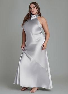 Azazie Velli Bridesmaid Dresses Silver Sheath High Neck Metallic Satin Dress image12