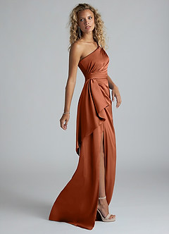 Azazie Maive Bridesmaid Dresses Cedar Rose Sheath Ruched Stretch Satin Dress image4