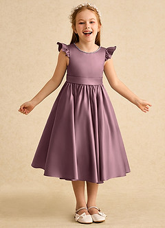 Azazie Dumpling Robe Demoiselle D'honneur Fillette Robe Trapèze en Mat Satiné Arc Mauve Vintage image2