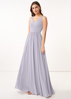 Azazie Keyla Robes de demoiselle d'honneur Robe Trapèze en Mousseline de soie Col V plissé Brume image15