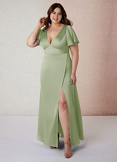 Azazie Lani Bridesmaid Dresses Dusty Sage A-Line Flounce Sleeve Stretch Satin Dress image7