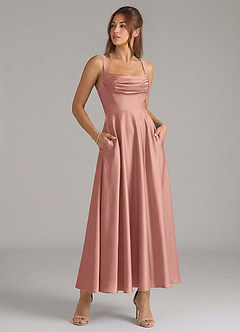 Azazie Shaude Bridesmaid Dresses Rosette A-Line Pleated Stretch Satin Dress image3