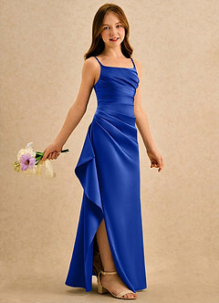 Azazie Cannoli Girls Formal Robe Demoiselle D'honneur Fillette Robe Trapèze en Mat Satiné Plissée Bleu Roi image1
