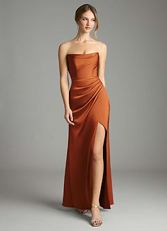 Azazie Leonis Bridesmaid Dresses Cinnamon Mermaid Pleated Stretch Satin Convertible Dress image5