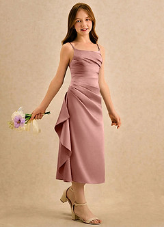 Azazie Canna Girls Formal Blomsterpigekjoler A-Line Plisseret Stræk satin Te-længde Kjole image3