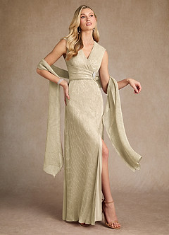 Azazie Salem Mother of the Bride Dresses Champagne Gold A-Line Pleated Metallic Mesh Dress image4