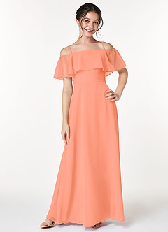 Azazie Maggie Junior A-Linie Schulterfrei Chiffon Kleid Sonnenuntergang image3