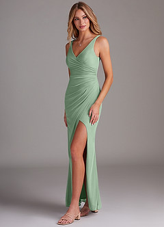 Azazie Leandra Bridesmaid Dresses Matcha Mermaid V-Neck Pleated Mesh Dress image3