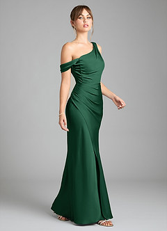 Azazie Madelyn Bridesmaid Dresses Dark Green Mermaid One Shoulder Stretch Satin Convertible Dress image5