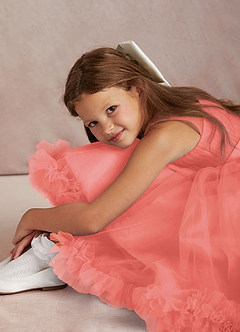 Azazie Lottie Flower Girl Dresses Coral A-Line One Shoulder Satin Dress image4
