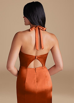 Azazie Emeria Bridesmaid Dresses Burnt Orange Sheath Side Slit Metallic Satin Dress image4