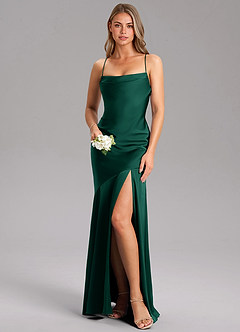 Azazie Grata Bridesmaid Dresses Emerald Sheath Side Slit Stretch Satin Dress image1