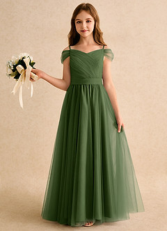 Azazie Yuna Girls Formal Abiti da Ragazza di Fiori Abito A-Line in Tulle a Spalla Scoperta Oliva image3
