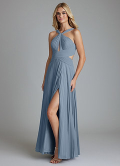 Azazie Hosanna Robes de demoiselle d'honneur Robe Trapèze en Mousseline de soie Plissée Bleu Poussiéreux image5