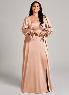 Azazie Leonia 신부 들러리 드레스 A라인 긴팔 스트레치 새틴 바닥 길이 드레스 image12