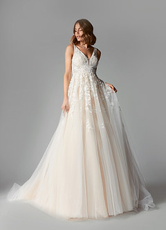 Azazie Sorella At-home Try On Dresses Diamond White Champagne A-Line V-Neck Sequins Tulle Dress image3