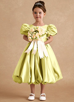 Azazie Jellybean Flower Girl Dresses Lemon Sorbet Ball-Gown Ruched Matte Satin Dress image3