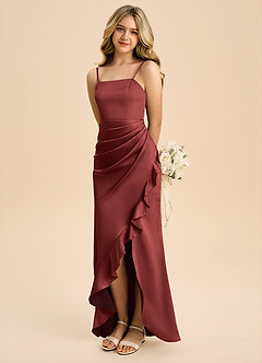 Azazie Buzzy Junior Terracotta Sheath Pleated Stretch Satin Dress image1