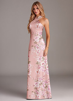 Azazie Doretta Jurken voor bruidsmeisjes Jurk van Stretch Satijn met Zeemeermin Geplooid Roze Bloemenbloei image5