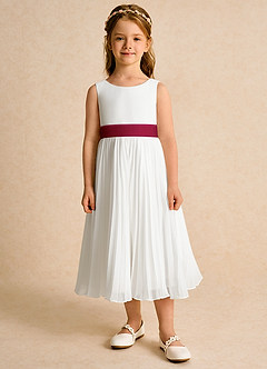 Azazie Margot Flower Girl Dresses Ivory Burgundy A-Line Pleated Chiffon Dress image6