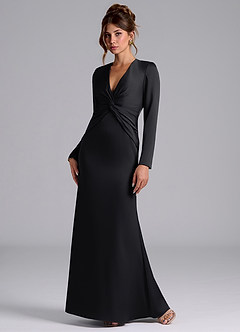 Azazie Valerie Bridesmaid Dresses Black Mermaid Long Sleeve Stretch Satin Dress image3