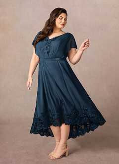 Azazie Palana At-home Try On Dresses Dusty Blue A-Line Lace Chiffon Dress image9