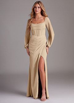 Azazie Charissa Bridesmaid Dresses Champagne Sheath Long Sleeve Chiffon Dress image1