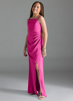 Azazie Leonis Junior Fuchsia A-Line Pleated Stretch Satin Dress image4