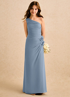 Azazie Sophie Girls Formal Robe Demoiselle D'honneur Fillette Robe Fourreau en Mousseline de soie Une épaule Bleu Poussiéreux image5