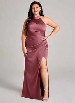 Azazie Jemma Robes de demoiselle d'honneur Robe Fourreau en Satin extensible Plissée Rose Du Désert image10