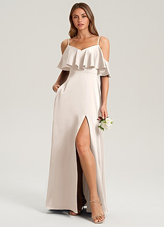 Azazie Jean Bridesmaid Dresses White Alabaster A-Line Off the Shoulder Stretch Satin Dress image3