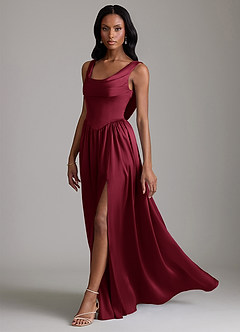 Azazie Novi Robes de demoiselle d'honneur Robe Trapèze en Satin extensible Avec poches Bourgogne image6