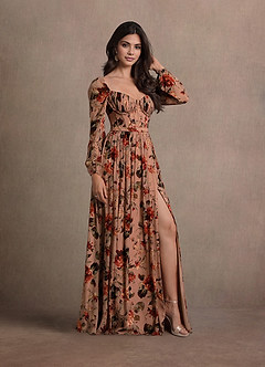 新品 Paddington Long Dress mauve beige Long Mauve Sheer-Bodice Formal Prom Dress - PromGirl