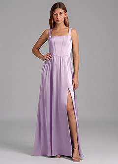 Azazie Rosaline Bridesmaid Dresses Frosted Lilac A-Line Side Slit Stretch Satin Dress image1