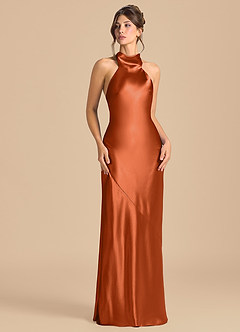 Azazie Velli Robes de demoiselle d'honneur Robe Fourreau en Satiné métallisé Col Haut Orange Brûlée image2