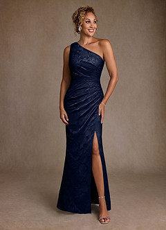 Azazie Joylin Mother of the Bride Dresses Dark Navy Trumpet One Shoulder Floral Burnout Dress image1