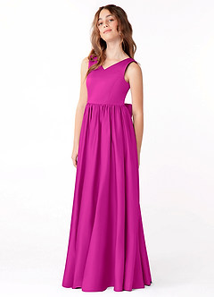 Azazie Hathaway Junior Vestido de Fucsia de Satin Mate de Corte En A con Lazo image3