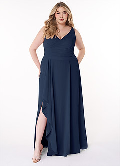 Azazie Kori Bridesmaid Dresses Dark Navy A-Line Pleated Chiffon Dress image6
