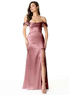 Azazie Liv Bridesmaid Dresses Vintage Mauve Sheath Off the Shoulder Metallic Satin Convertible Dress image1