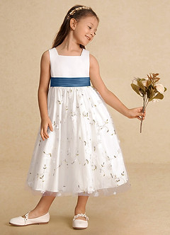 Azazie Pollie Blumenmädchenkleider A-Linie Schleifen Tüll Kleid Elfenbein Zwielichtviolett image4